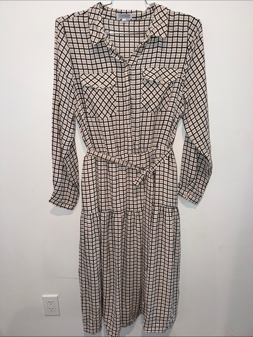 Sweet Salt Check Pattern Dress Cream Button Front Collar Women’s size 14/16